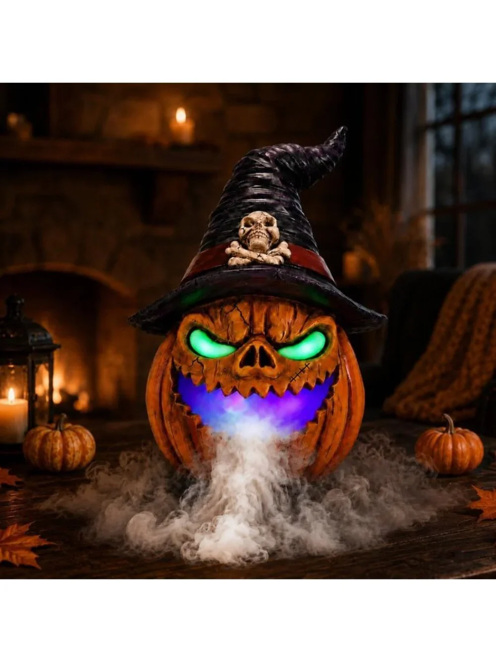 Glowing Halloween Pumpkin Decor with Mist Maker & Lighted Witch Hat - USB-C